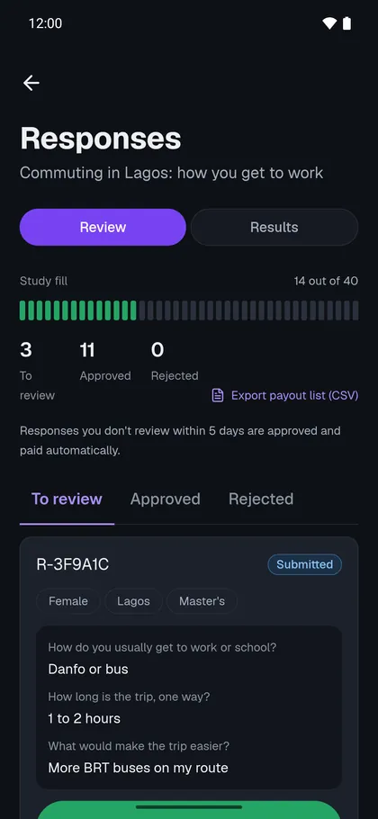 Reviewing responses in the Ansarr app: the study is 14 of 40 filled, and each response shows only a respondent code such as R-3F9A1C, its targeted demographics and the answers