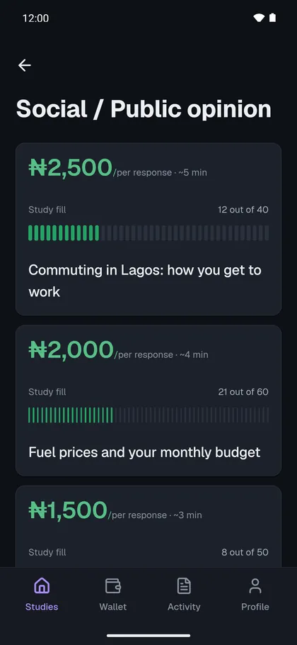 Social and public opinion studies in the Ansarr app, each showing its Naira reward per response, its length and how full it is